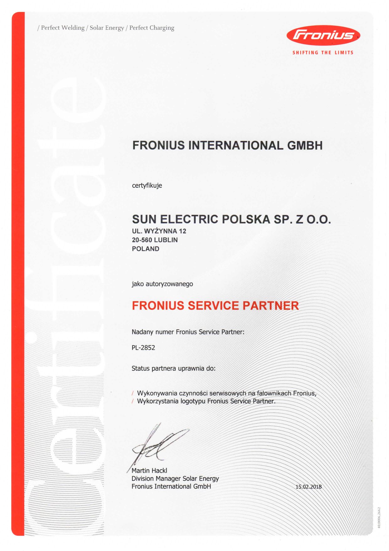 Certyfikat Fronius 2018 - Sun Electric Polska
