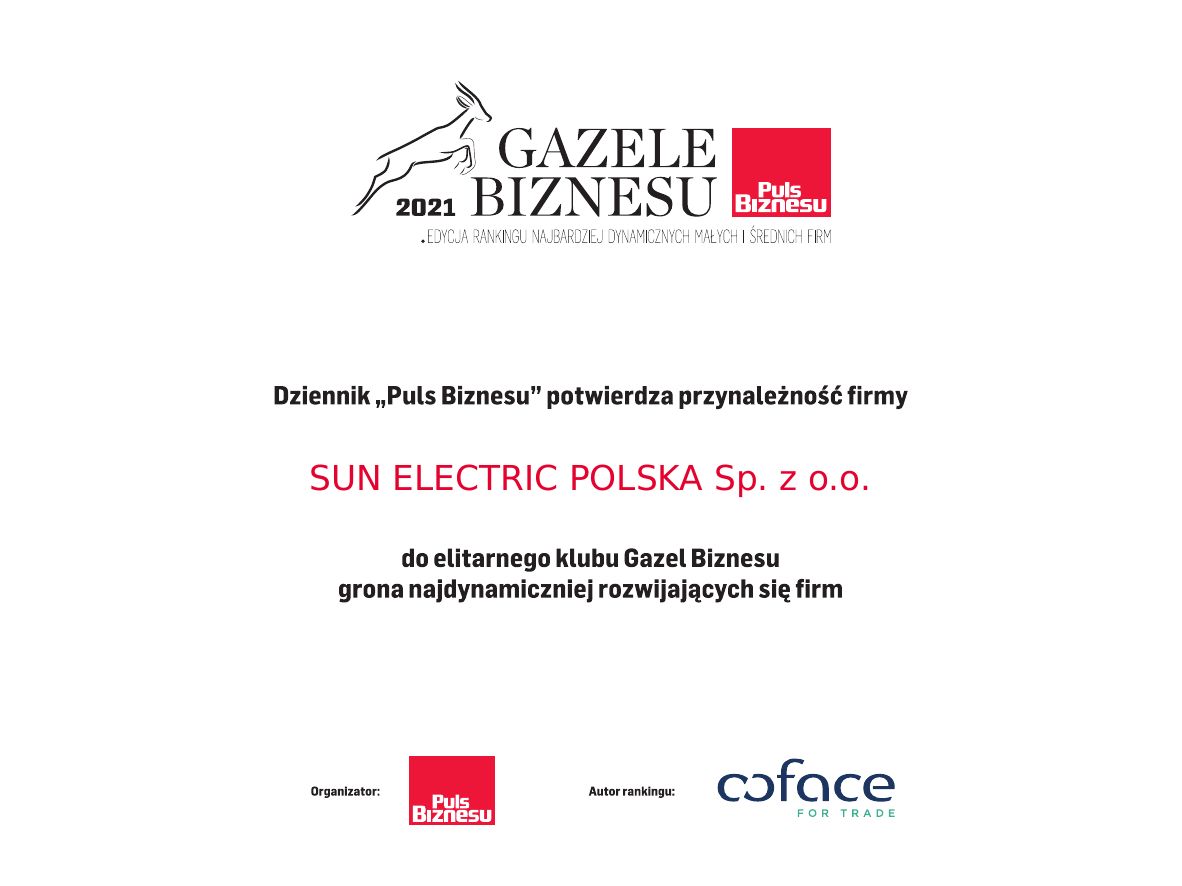 Certyfikat Gazeli Biznesu - Sun Electric Polska