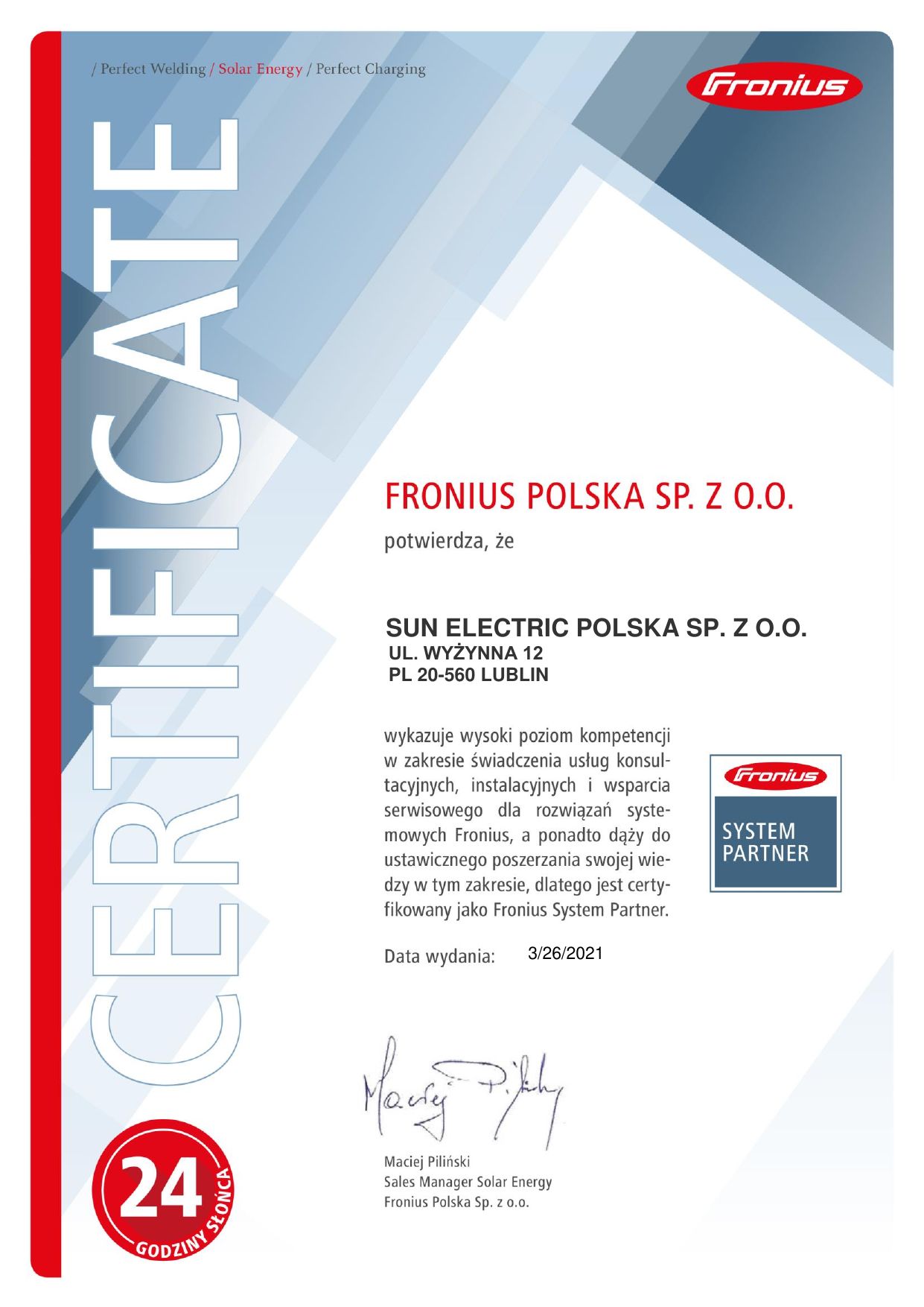 Certyfikat Fronius 2021 część 1 - Sun Electric Polska
