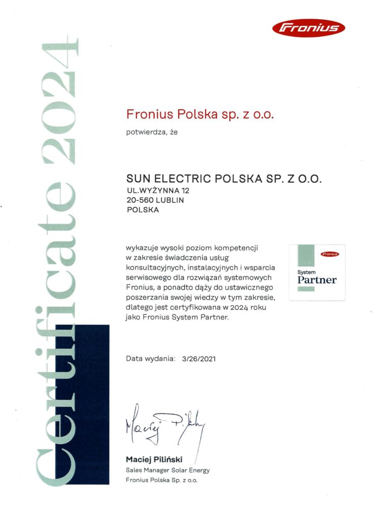 Certyfikat Fronius 2021 część 2 - Sun Electric Polska