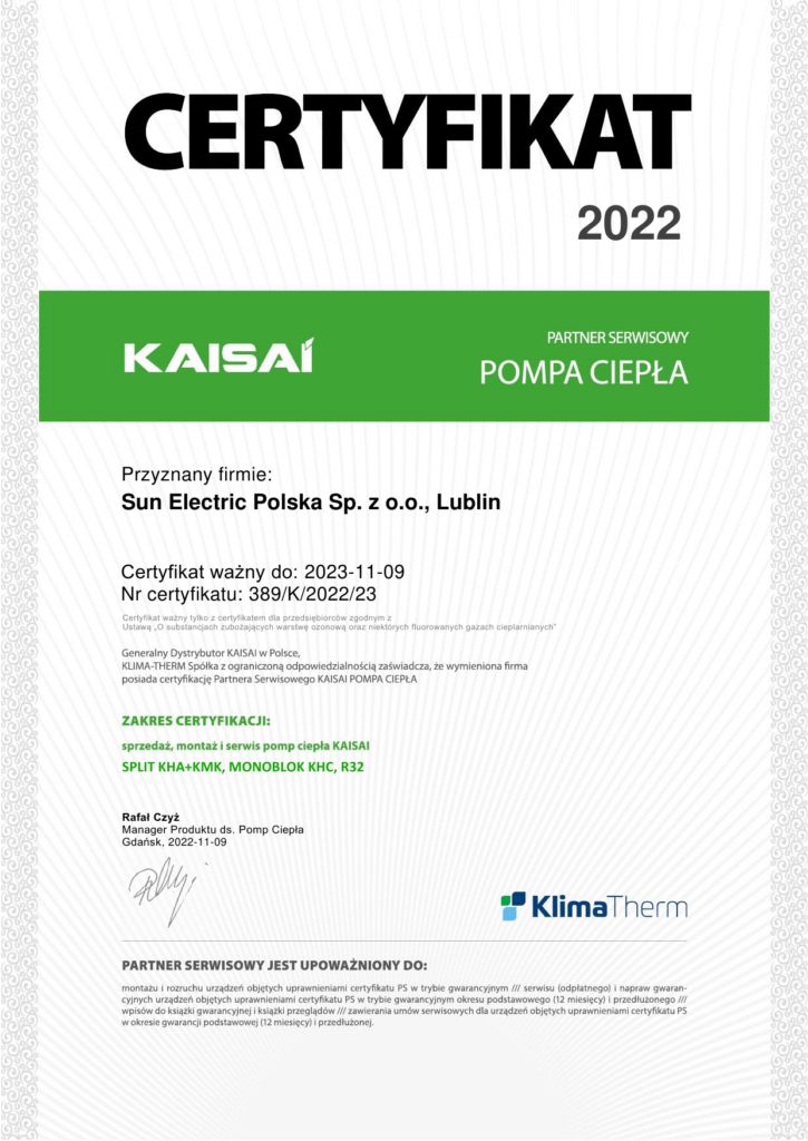 Certyfikat Kaisai 2022 - Sun Electric Polska