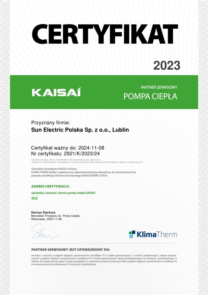Certyfikat Kaisai 2023 - Sun Electric Polska