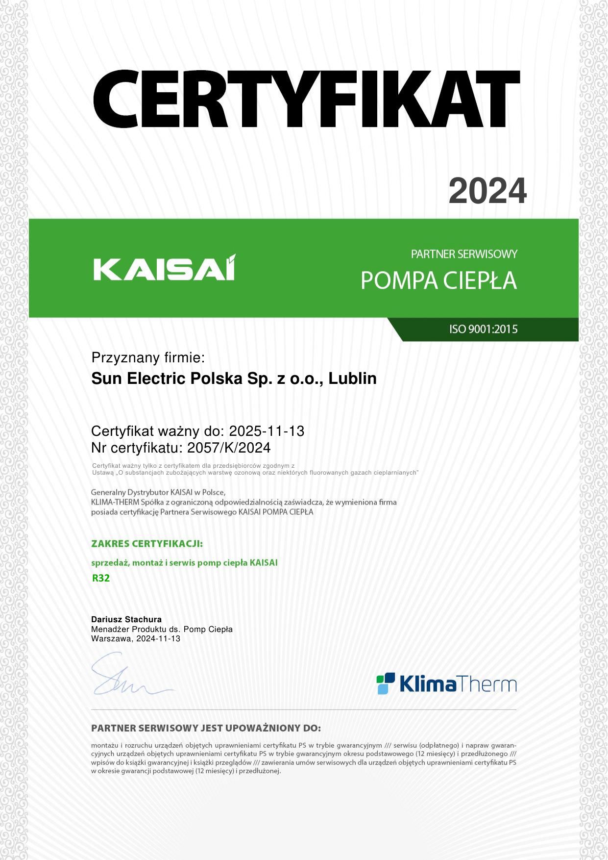 Certyfikat Kaisai 2024 - Sun Electric Polska
