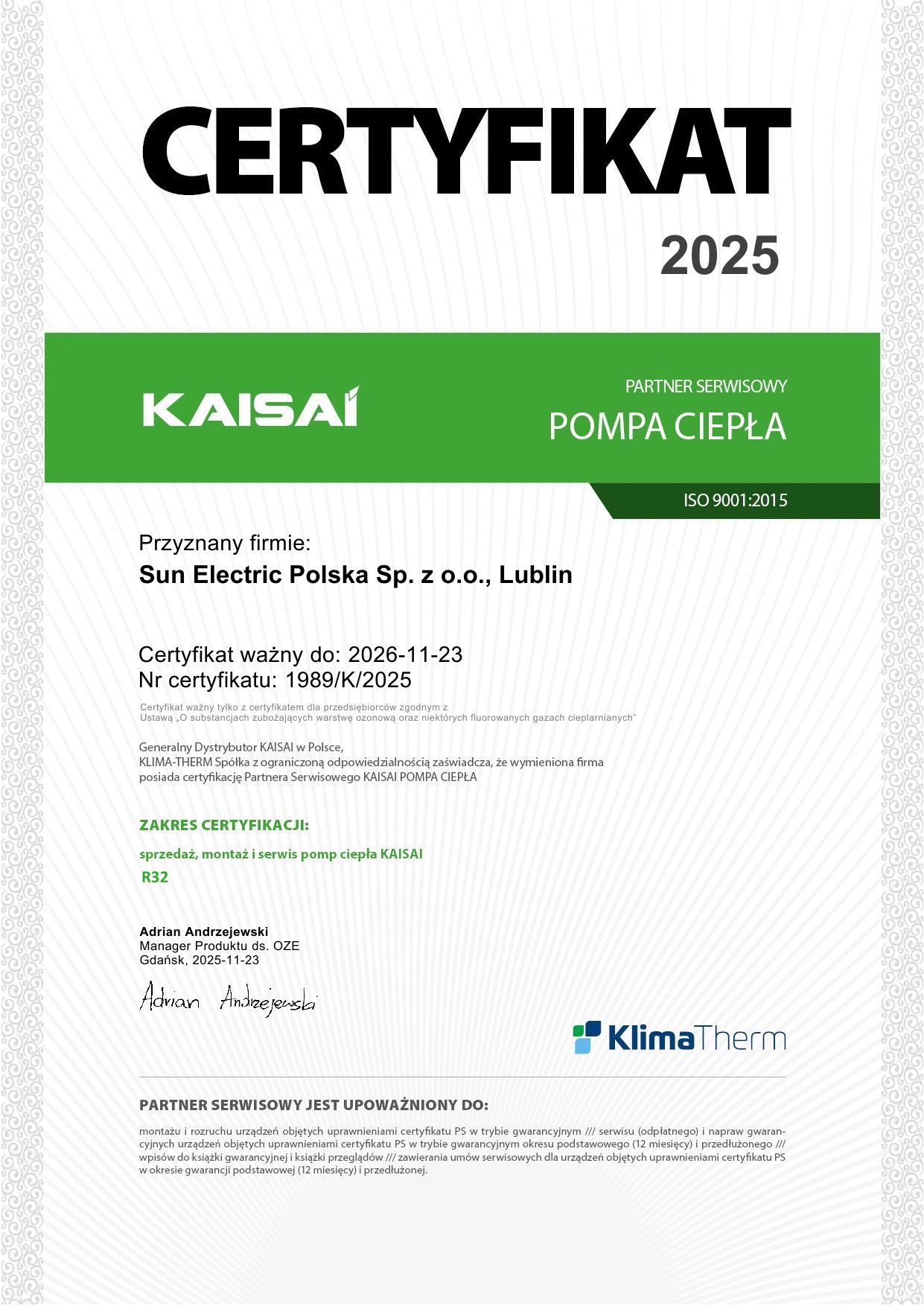 Certyfikat Kaisai 2025 - Sun Electric Polska