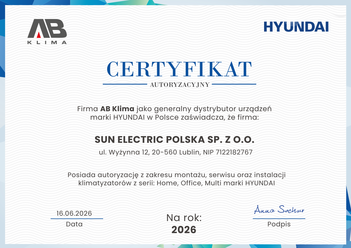 Certyfikat Hyundai 2026 - Sun Electric Polska