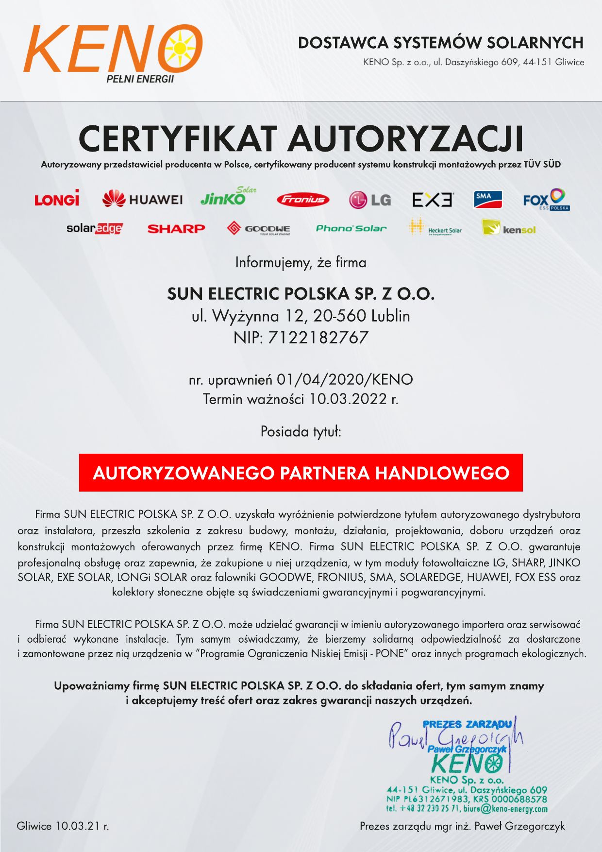 Certyfikat Keno - Sun Electric Polska