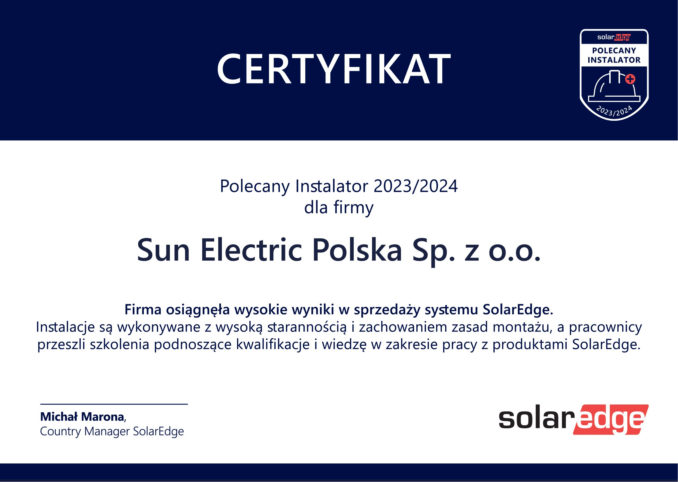 Certyfikat Polecany instalator SolarEdge - Sun Electric Polska