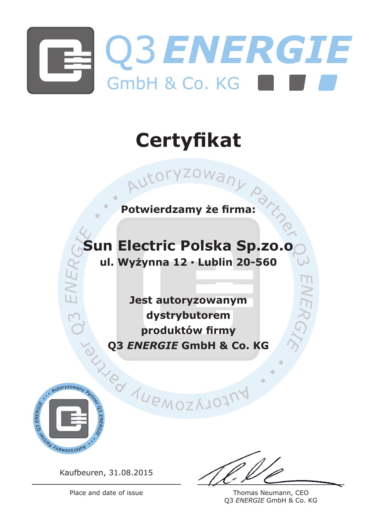 Certyfikat Q3 - Sun Electric Polska