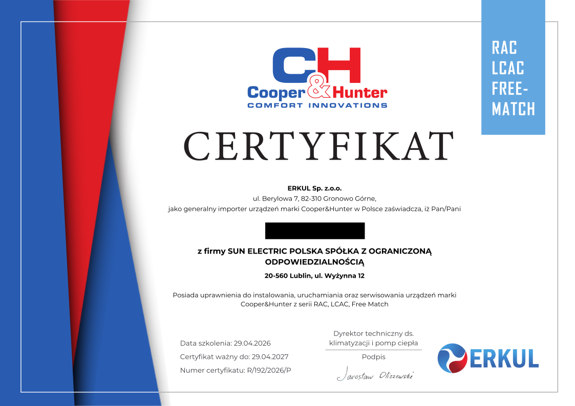 Certyfikat Cooper&Hunter - Sun Electric Polska