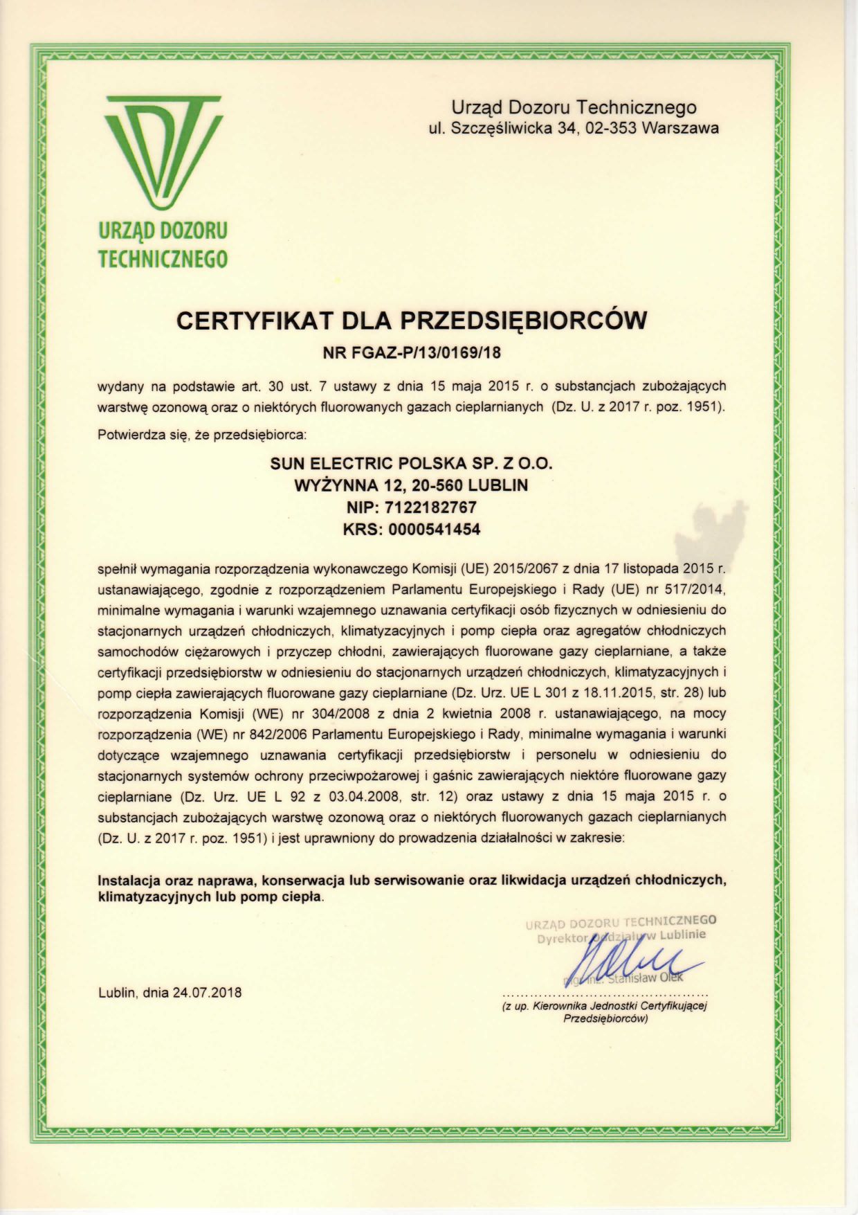 Certyfikat UDT F-Gazy - Sun Electric Polska