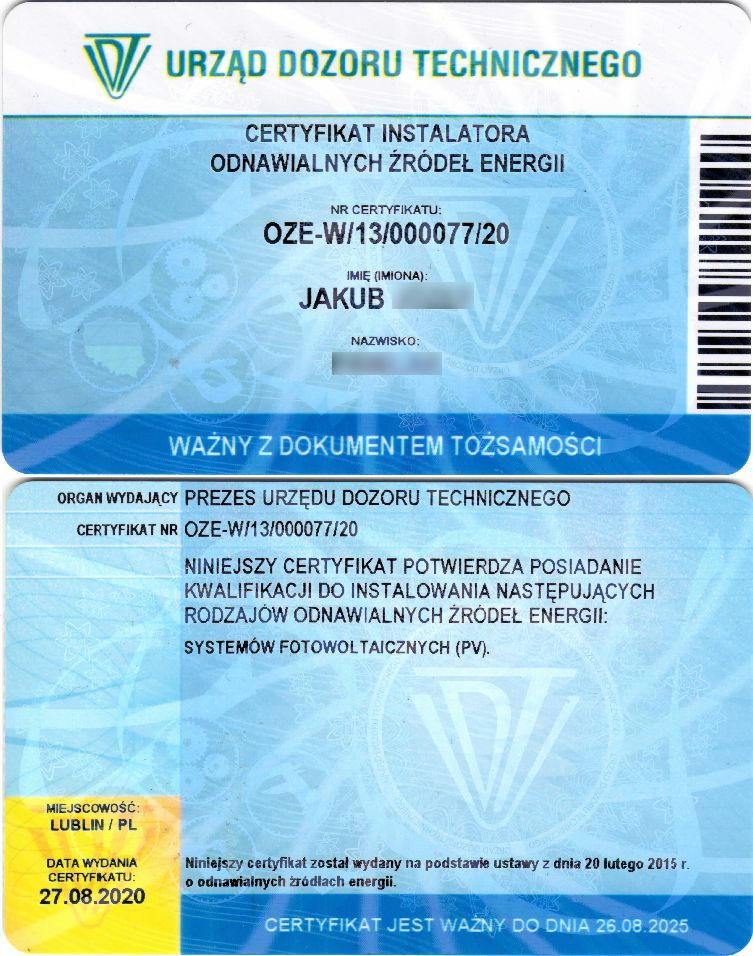 Certyfikat UDT OZE - Sun Electric Polska